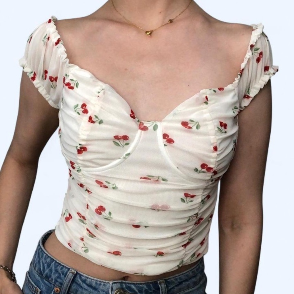 Cherry Print Mesh Off-Shoulder Top Size M